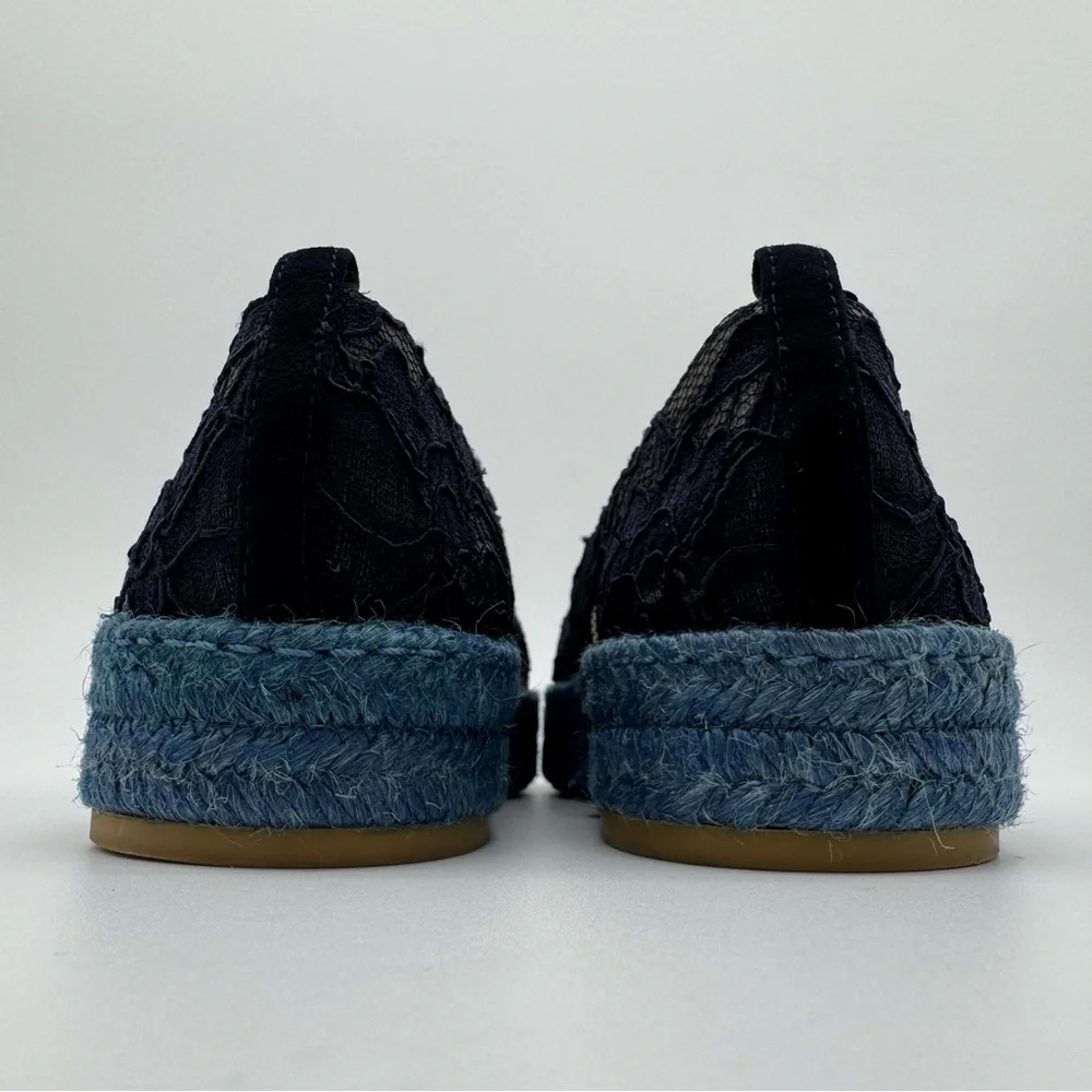 Stuart Weitzman Meshuga Navy Blue Floral Lace Espadrille Flats Size 5.5-6